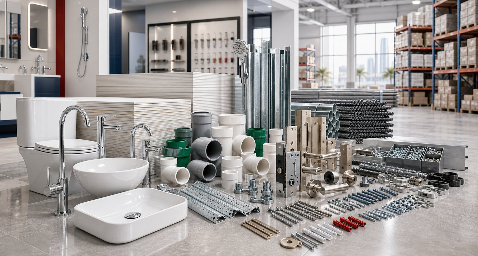 Madras building materials, sanitary ware, fittings, locks and fasteners arranged in a clean supplier showroom
